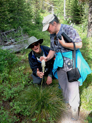 Two hikers admiring the flowering structure of Bear-Grass