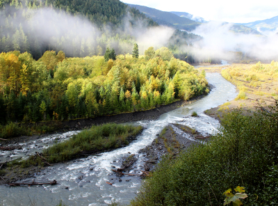 A long-stretch of Elwha River as seen through sun and low lying clouds as well as fall color