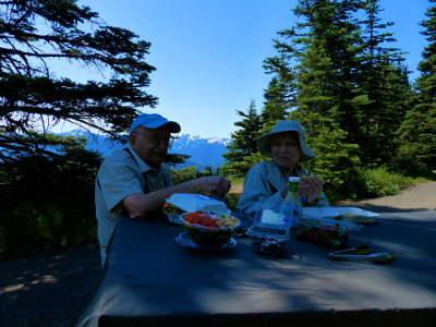 Two participants sit smiling eating their lunch on a picnic table with the Olympic Mountains in the background