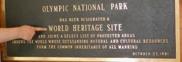 World Heritage Site placard in the Hoh Rainforest that reads that ONP is recognized because of its outstanding natural and cultural resources that form the common inheritance of all mankind