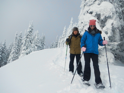 A couple snowshoes in fresh snow on a Hurricane Ridge trail bordered by trees laden with fresh snow