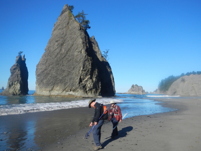 Two hikers walk along Rialto Beach with a large headland and Hole in the Wall in the distance