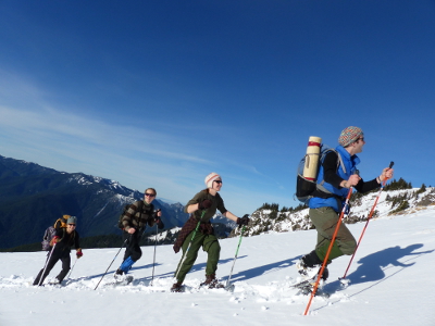 Four smiling participants are enjoying a sunny winter day on snowshoes during a Hurricane Ridge snowshoe tour