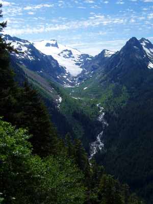 Looking up the steep gradient valley of a glacier-fed stream to the Olympic mountain peaks and associated glaciers