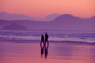 Two hikers and their shadows on Hobuck beach at sunset