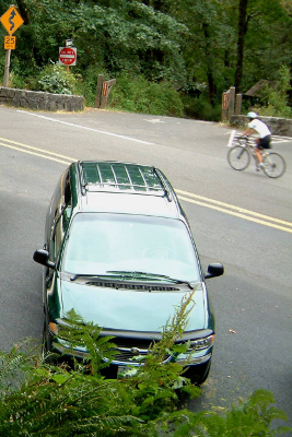 Parked minivan in a wooded setting on the Olympic Peninsula